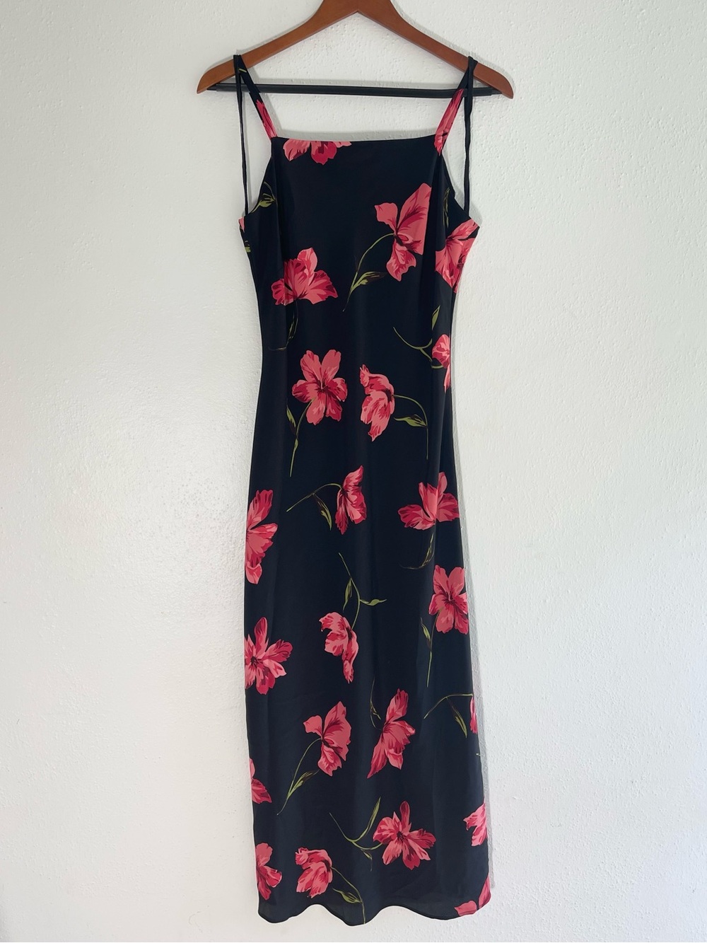 Vintage 90s Expressions Black Maxi Slip Dress with Pink Floral Print